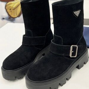 Women's Prada Black Suede Triangle Logo Buckle Chunky Platform Mid-Calf Boots